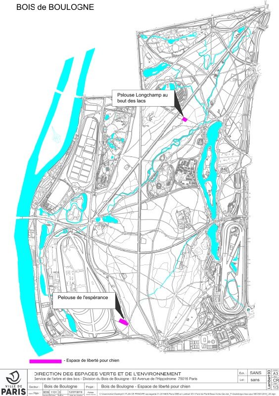 Plan du Bois de Boulogne : Emplacements espaces canins