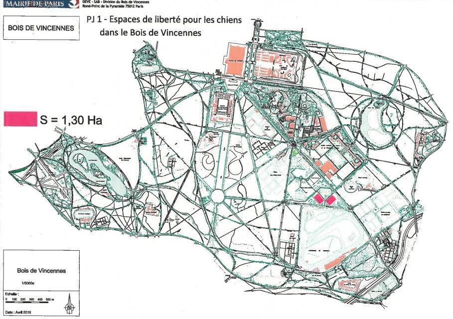 Plan du Bois de Vincennes : Emplacements des Espaces de libertés pour chiens